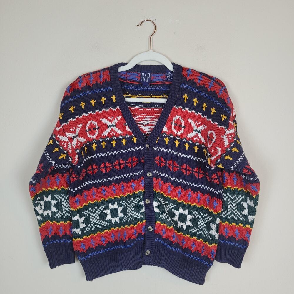 Vintage GAP Cardigan Sweater Kids XL Fair Isle Geometric Holiday Colorful Chunky